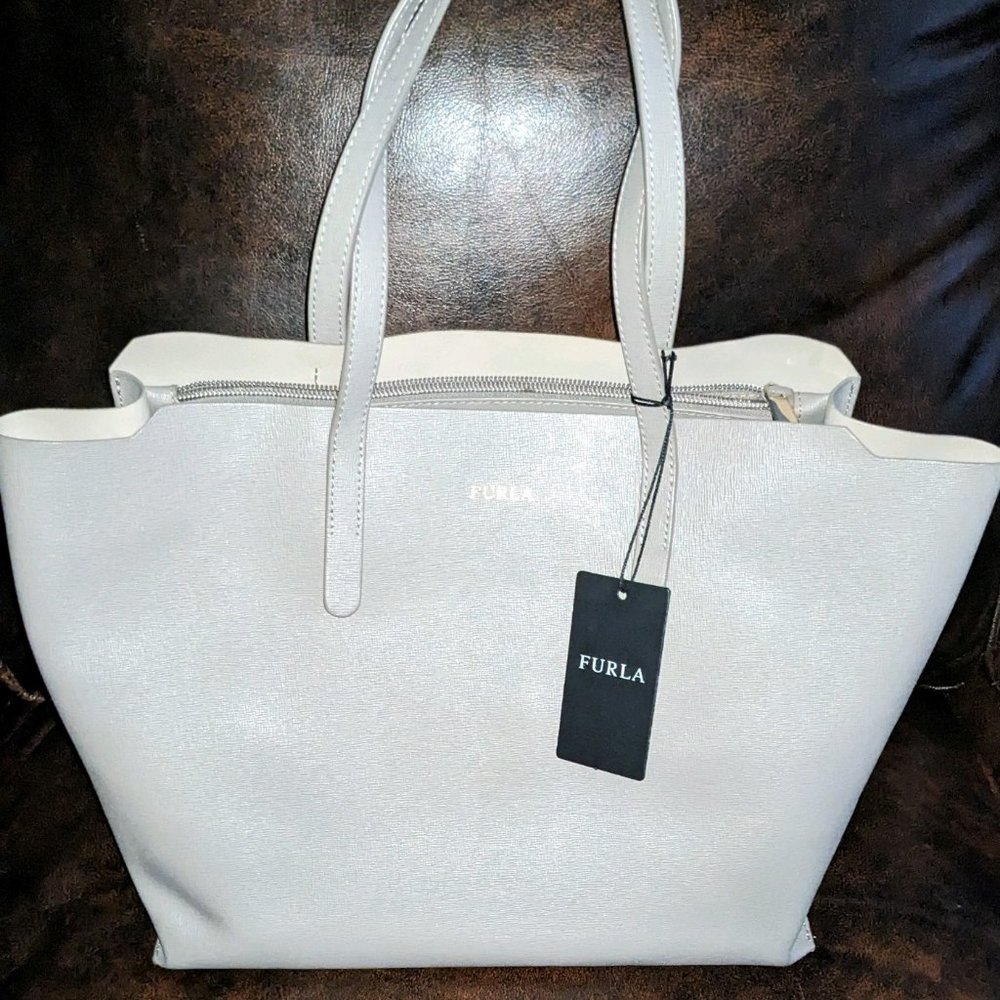 FURLA Leather Tote Bucket Gray Bag Gray New